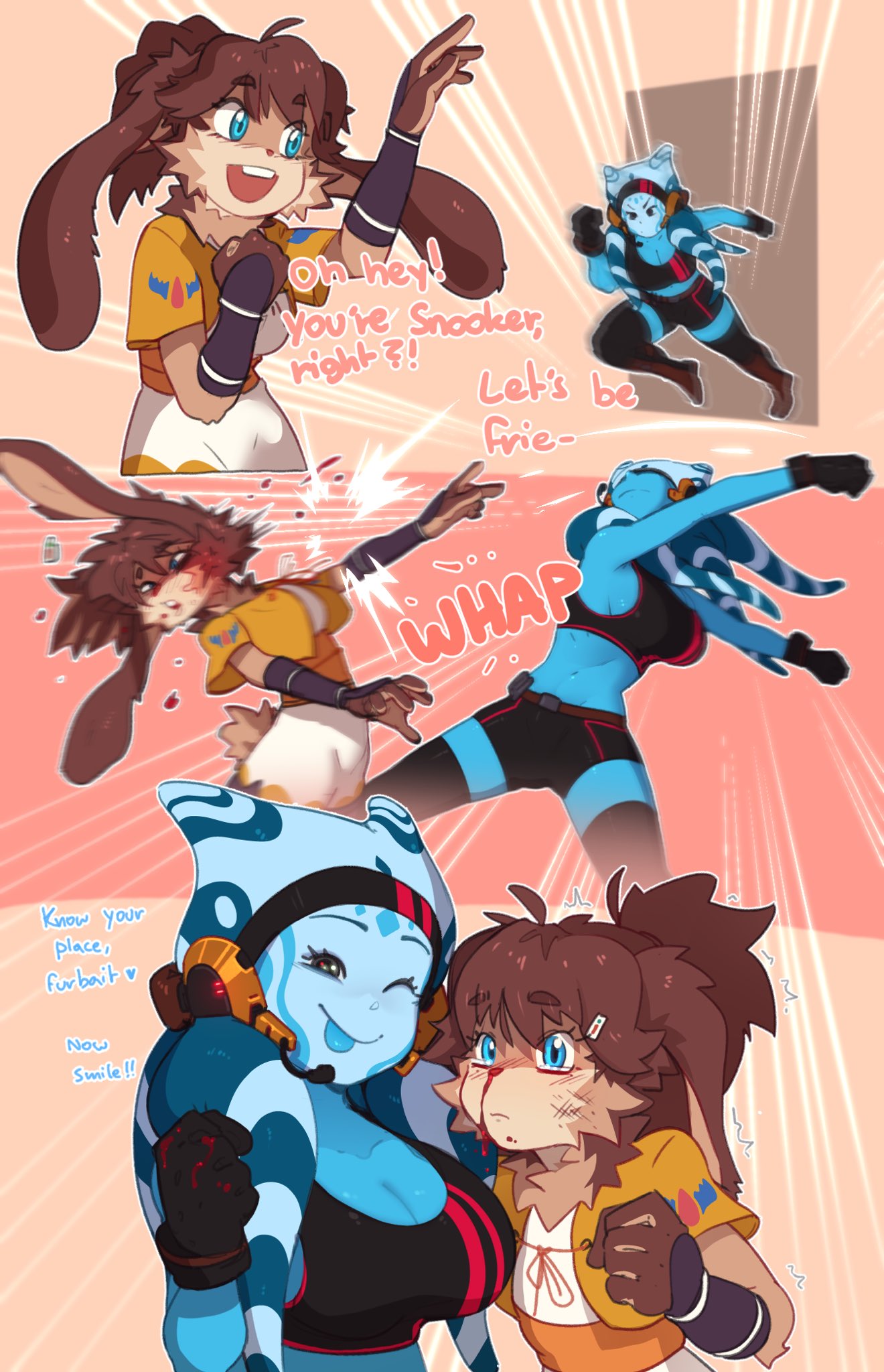 alien alien_humanoid anthro armor belt belt_buckle big_breasts blood blue_body blue_eyes blue_skin bodily_fluids bottomwear bracers breasts brown_body brown_fur brown_hair bruised cleavage clothed clothing comic crop_top curvy_figure dialogue duo english_text female fist flat_chested frown fully_clothed fur gloves hair handwear hi_res hotpants humanoid humor impact impact_lines lagomorph legwear lepi leporid long_ears lop_(star_wars_visions) mammal midriff motion_lines nosebleed punch rube shirt shorts smile spread_legs spreading star_wars star_wars_visions swinging tears tentacles text thigh_highs tongue tongue_out topwear twi'lek