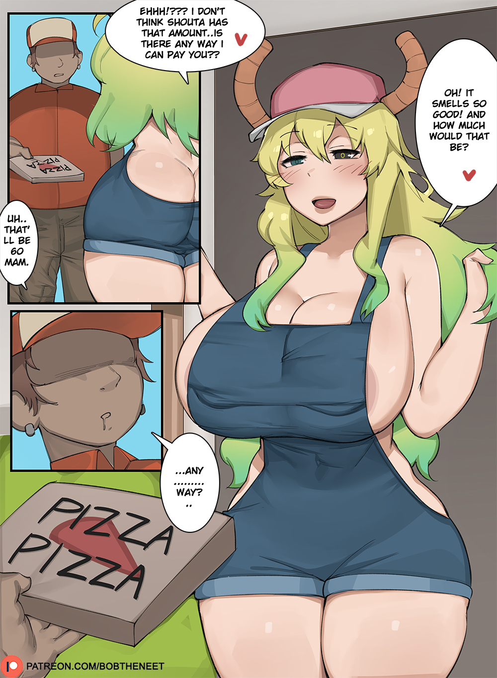 areola areola_slip big_breasts big_butt breasts butt cleavage clothed clothing delivery_(commerce) elijah_zx female food_delivery hi_res horn horned_humanoid huge_breasts human humanoid male mammal miss_kobayashi's_dragon_maid not_furry pizza_delivery quetzalcoatl_(dragon_maid)