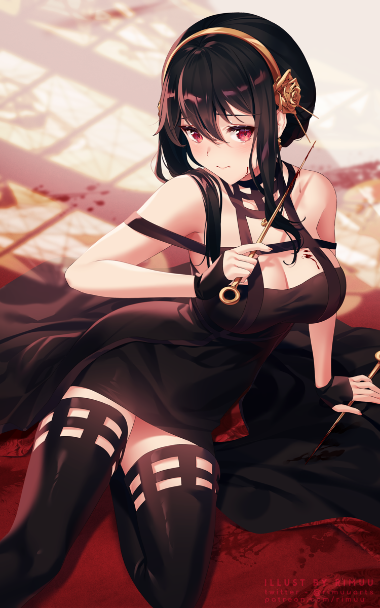 1girl bangs bare_shoulders black_dress black_footwear black_gloves blood blood_on_face blush boots breasts cleavage closed_mouth dress earrings fingerless_gloves gloves gold_hairband highres jewelry large_breasts looking_at_viewer medium_hair red_eyes rimuu solo spy_x_family thigh_boots thighs weapon yor_briar
