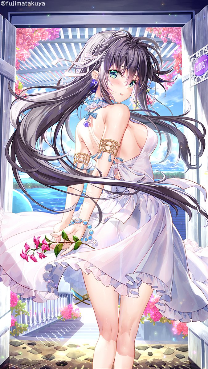 1girl backless_dress backless_outfit bare_shoulders black_hair blush bow braid breasts commentary_request day dress english_text flower frilled_dress frills from_behind fujima_takuya green_eyes hair_bow highres holding holding_flower long_hair looking_at_viewer looking_back medium_breasts original parted_lips pink_flower sideboob solo standing twitter_username very_long_hair water white_bow white_dress