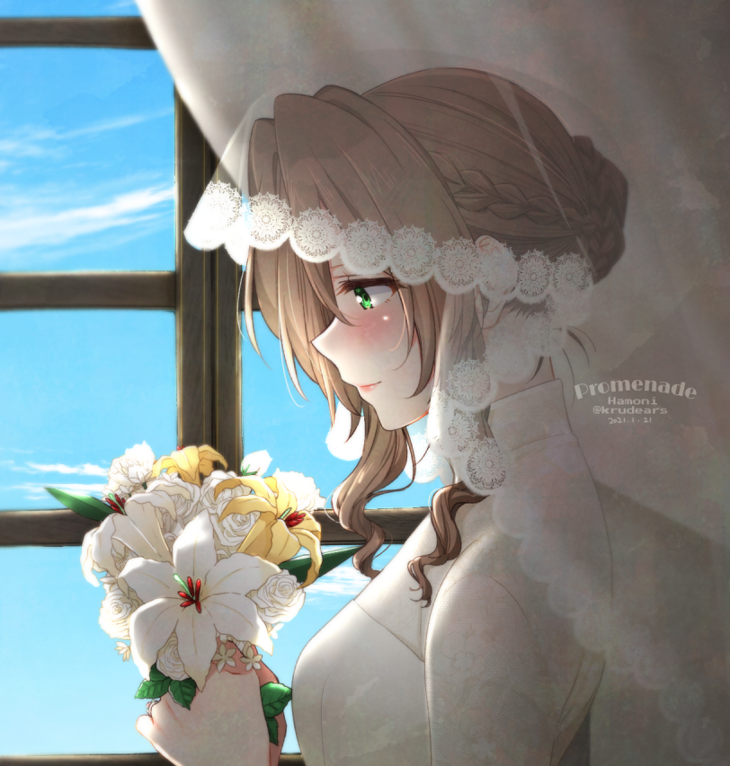 1girl 2021 aerith_gainsborough blue_sky blush bouquet braid braided_bun bridal_veil brown_hair closed_mouth dated day dress final_fantasy final_fantasy_vii flower french_braid from_side green_eyes hair_bun holding holding_bouquet krudears medium_hair profile rose shiny shiny_hair sidelocks sky smile solo twitter_username upper_body veil watermark wedding_dress white_dress white_flower white_rose yellow_flower