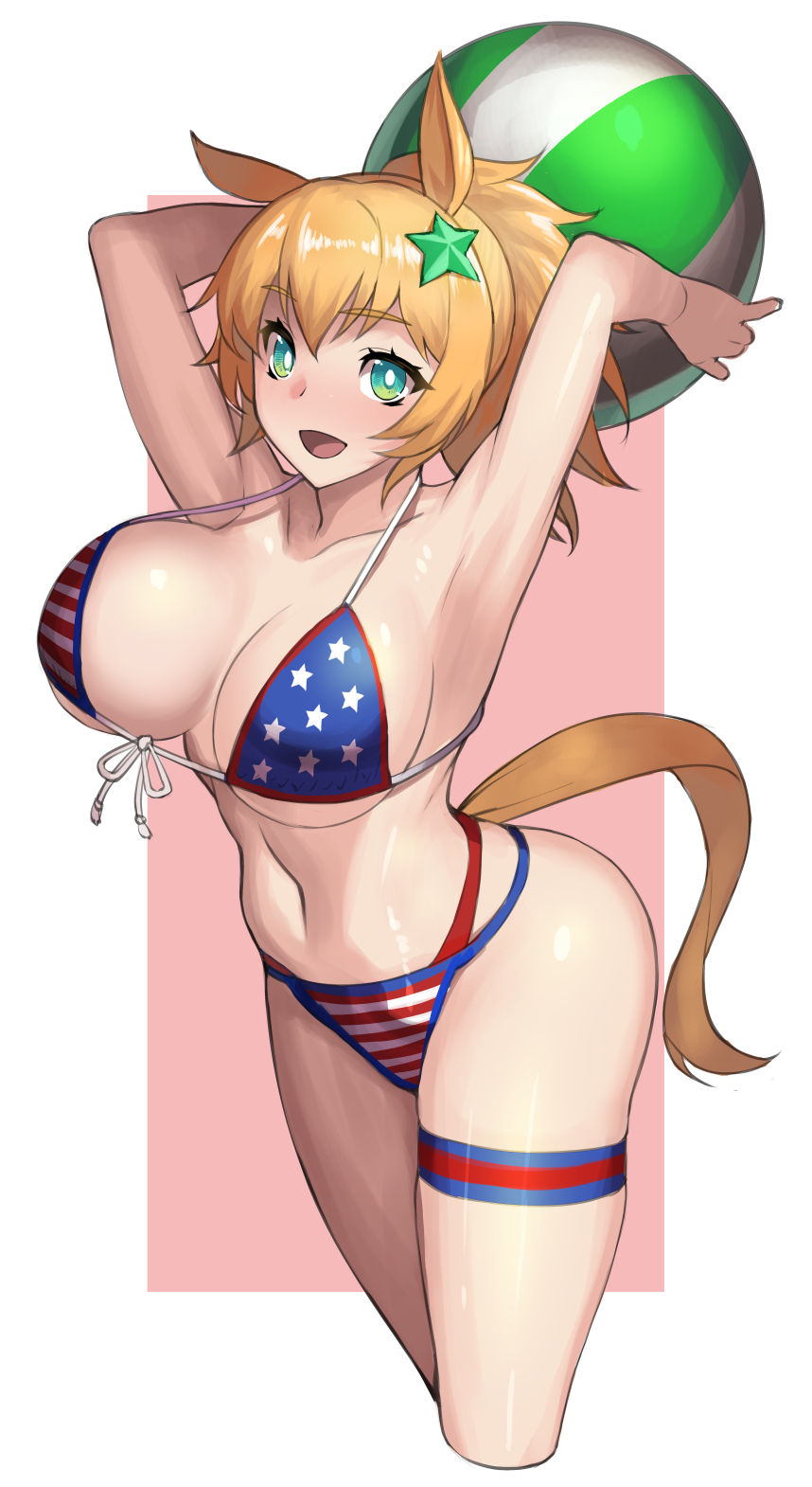 1girl :d american_flag_bikini animal_ears armpits arms_up ball bangs bare_arms bare_shoulders beachball bikini blonde_hair breasts collarbone commentary_request cropped_legs flag_print front-tie_bikini front-tie_top green_eyes hair_ornament highres holding holding_ball horse_ears horse_tail jonylaser large_breasts looking_at_viewer navel open_mouth short_hair smile solo standing star_(symbol) star_hair_ornament stomach swimsuit taiki_shuttle_(umamusume) tail thigh_strap thighs umamusume white_background