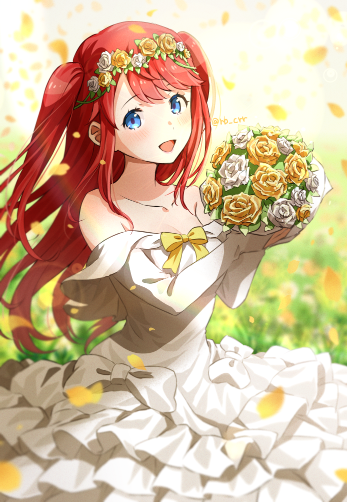 1girl blue_eyes bouquet dress falling_petals flower frilled_dress frills hair_flower hair_ornament holding holding_bouquet off-shoulder_dress off_shoulder outdoors petals re:zero_kara_hajimeru_isekai_seikatsu red_hair ribbon smile solo theresia_van_astrea twintails twitter_username white_dress yomo_(rb_crr)