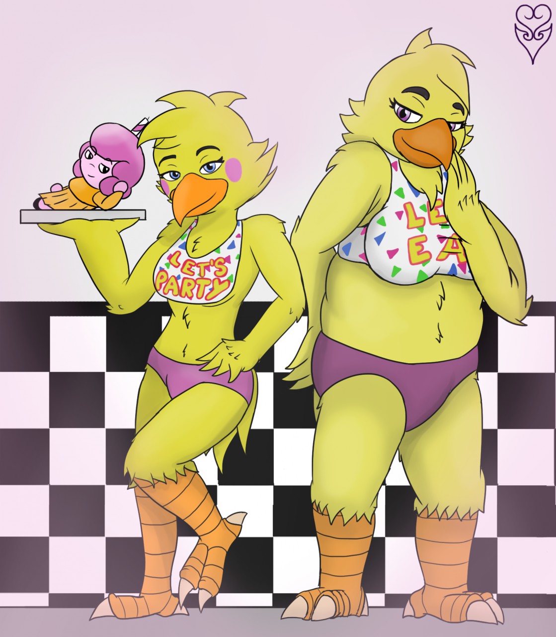 animatronic anthro anthrofied avian beak bird blue_eyes bottomwear breasts chica_(fnaf) chicken clothing cupcake_(fnaf) digital_media_(artwork) duo eyebrows feathers female five_nights_at_freddy's five_nights_at_freddy's_2 galliform gallus_(genus) hi_res machine non-mammal_breasts nude overweight phasianid purple_eyes robot scottgames slightly_chubby smile thevgbear topwear toy_chica_(fnaf) video_games winged_arms wings yellow_body yellow_feathers
