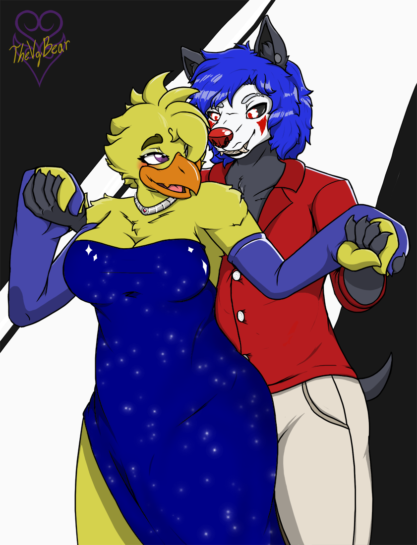 animatronic anthro anthrofied avian beak benny_(shepteeks) bird blue_clothing blue_dress blue_eyes blue_hair breasts canid canine canis chica_(fnaf) chicken clothing dress duo eyebrows feathers female five_nights_at_freddy's five_nights_at_freddy's_2 galliform gallus_(genus) hair jewelry machine makeup mammal necklace non-mammal_breasts overweight phasianid purple_eyes robot scottgames slightly_chubby smile thevgbear video_games winged_arms wings wolf yellow_body yellow_feathers