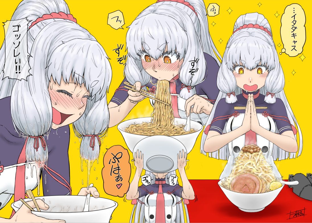 1girl alternate_hairstyle blush breasts food food_on_hair gloves gloves_removed grey_hair headgear_removed high_ponytail kantai_collection long_hair medium_breasts minazuki_tsuyuha multiple_views murakumo_(kancolle) murakumo_kai_ni_(kancolle) necktie noodles orange_eyes ramen very_long_hair wet wet_hair