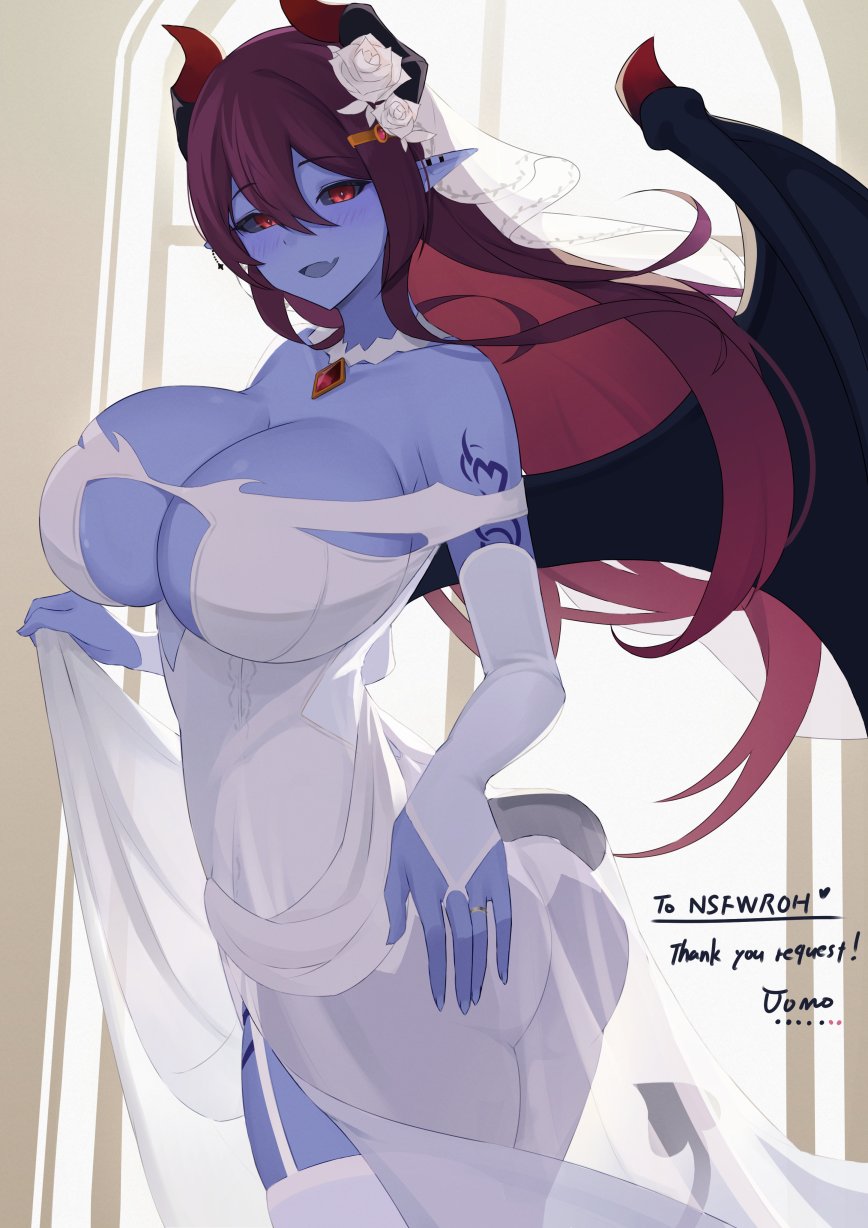 1girl :d ass bangs bare_shoulders bell_orgel black_sclera blue_skin breasts bridal_veil bride cleavage colored_sclera colored_skin commentary_request demon_(monster_girl_encyclopedia) demon_girl demon_horns demon_wings dress elbow_gloves english_text fang flower garter_straps gloves hair_between_eyes hair_flower hair_ornament hairclip highres horns huge_breasts long_hair looking_at_viewer monster_girl_encyclopedia open_mouth pointy_ears purple_hair red_eyes shoulder_tattoo skin_fang skirt_hold smile solo tattoo thank_you thighhighs twisted_torso veil wedding_dress white_dress white_garter_straps white_gloves white_thighhighs wings