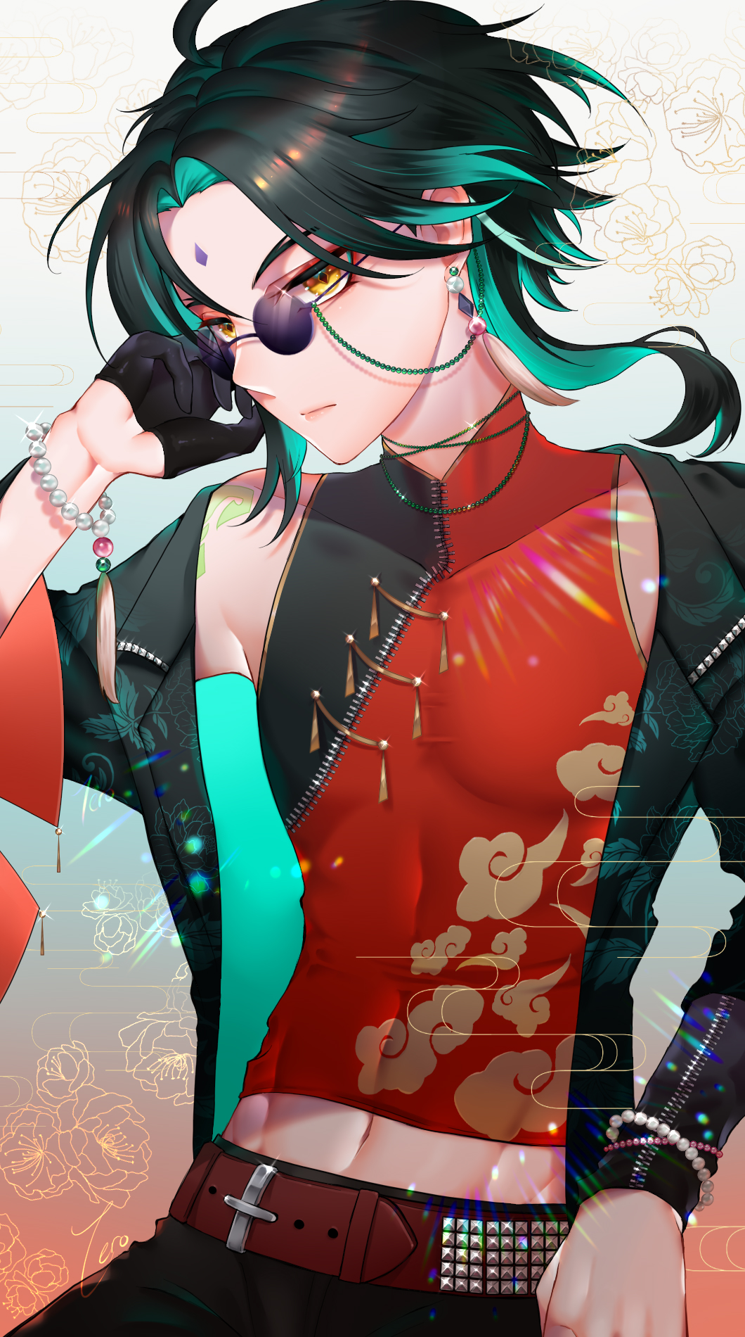 1boy alternate_costume belt black_jacket body_piercings bracelet chinese_clothes crop_top earrings facial_mark genshin_impact glasses green_hair highres jacket jewelry long_sleeves male_focus midriff multicolored_hair navel open_clothes open_jacket open_shirt single_earring solo stomach streaked_hair tero_(terotero3187) xiao_(genshin_impact)