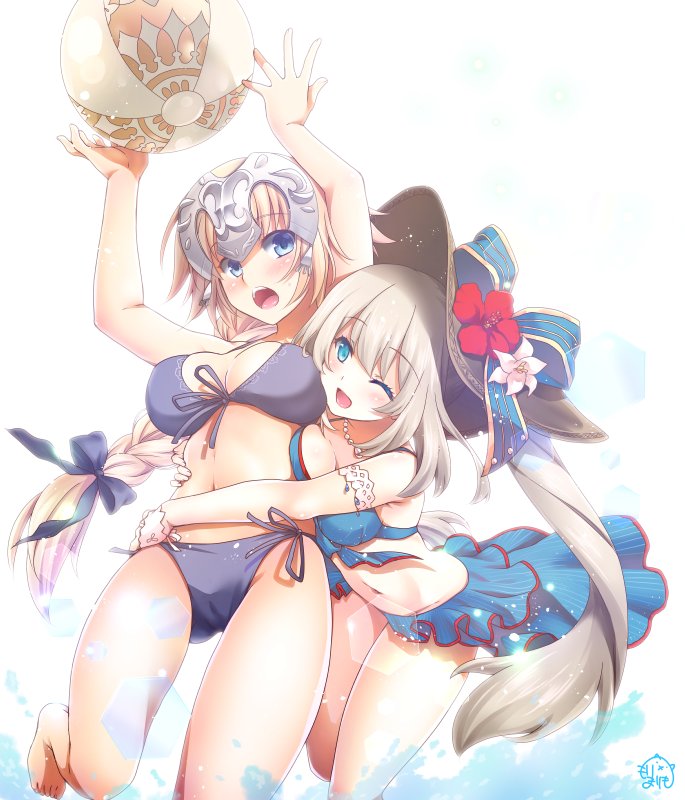 2girls arms_up ball bangs bare_arms bare_legs bare_shoulders barefoot bikini blonde_hair blue_eyes braid braided_ponytail breasts eyebrows_hidden_by_hair fate/grand_order fate_(series) flower grey_hair hair_between_eyes hair_flower hair_ornament hat headpiece holding holding_ball hug hug_from_behind jeanne_d'arc_(fate) jeanne_d'arc_(swimsuit_archer)_(fate) long_hair looking_at_another marie_antoinette_(fate) marie_antoinette_(swimsuit_caster)_(fate) mori_marimo multiple_girls one_eye_closed open_mouth ponytail ribbon skirt smile swimsuit water
