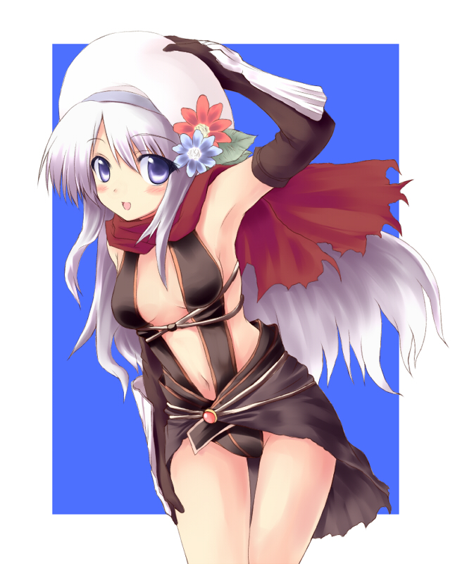 1girl armor armpits assassin_cross_(ragnarok_online) bangs black_cape black_gloves black_leotard blue_background blue_flower blush breasts cape commentary_request cowboy_shot elbow_gloves flower gloves grey_eyes hair_between_eyes hand_on_own_head hat hat_flower leotard long_hair looking_at_viewer medium_breasts navel nirap open_mouth pauldrons ragnarok_online red_flower red_scarf revealing_clothes scarf shoulder_armor smile solo tam_(ragnarok_online) torn_cape torn_clothes torn_scarf two-tone_background waist_cape white_background white_hair white_headwear
