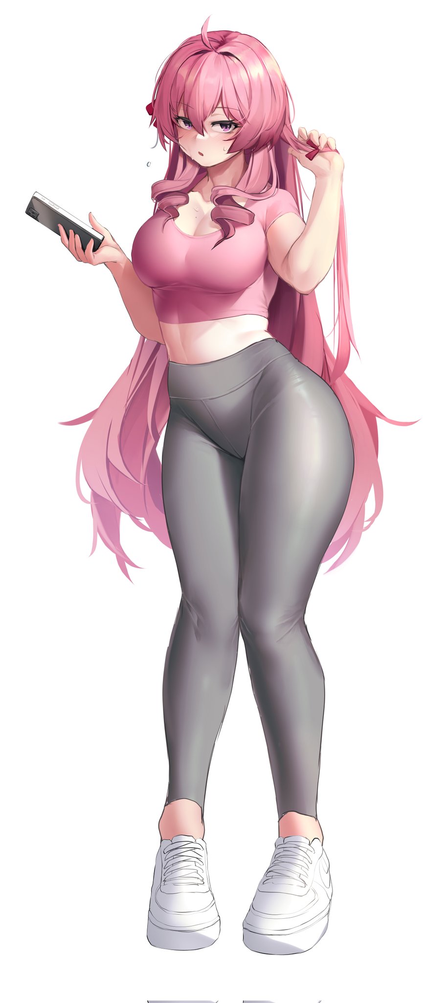 1girl ahoge black_leggings breasts cellphone cleavage commentary commission crop_top full_body hair_between_eyes highres holding holding_phone ka941 large_breasts leggings long_hair looking_at_viewer midriff original parted_lips phone pink_hair pink_shirt purple_eyes shirt shoes simple_background smartphone sneakers solo standing very_long_hair white_background white_footwear