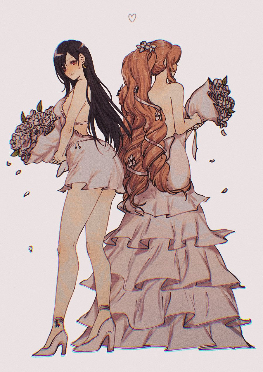 2girls aerith_gainsborough alternate_color asymmetrical_bangs back-to-back backless_dress backless_outfit bangs bare_arms black_hair bouquet breasts crescent crescent_earrings dress earrings facing_away falling_petals final_fantasy final_fantasy_vii final_fantasy_vii_remake flower full_body hair_flower hair_ornament hair_over_one_eye hair_ribbon high_heels highres holding holding_bouquet jewelry legs long_dress long_hair looking_at_viewer medium_breasts multiple_girls petals ponytail red_eyes ribbon ringlets sera_(serappi) short_dress sidelocks standing strapless strapless_dress tifa_lockhart white_background white_dress white_flower white_footwear white_negligee white_ribbon white_theme
