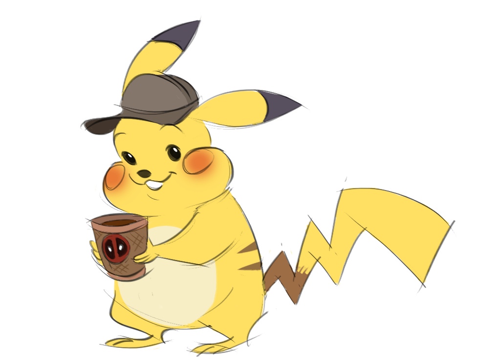 2019 actor_allusion back_markings brown_clothing brown_eyes brown_hat brown_headwear brown_markings clothing colored_sketch container cup deadpool detective_pikachu dipstick_ears fur hat headgear headwear holding_cup holding_object mammal markings marvel multicolored_ears nintendo pikachu pok&eacute;mon pok&eacute;mon_(species) pok&eacute;mon_detective_pikachu red_cheeks rodent simple_background sketch smile solo velyash video_games white_background yellow_body yellow_fur