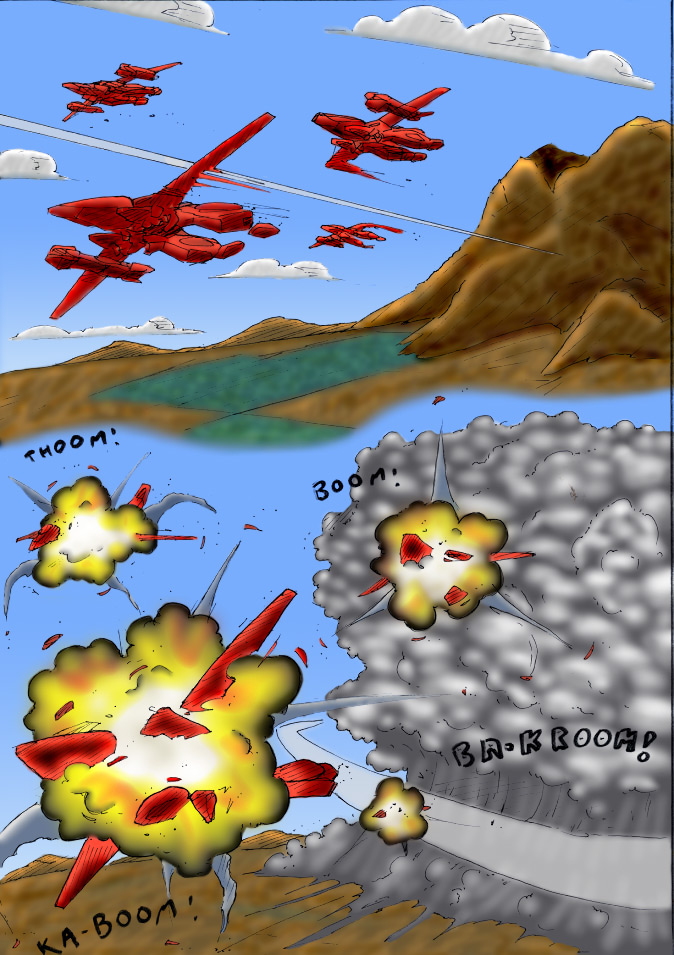 aircraft cloud cloudscape colored comic dessert destroyed_vehicle explosion food kitfox-crimson nature nature_background onomatopoeia plateau sky sound_effects text zero_pictured