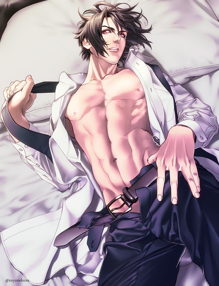 1boy abs bangs bed_sheet belt black_hair black_pants collarbone cowboy_shot dress_shirt final_fantasy final_fantasy_vii hair_between_eyes hand_on_hip highres holding_necktie long_sleeves loose_necktie lying male_focus mature_male muscular muscular_male navel necktie on_back on_bed open_belt open_clothes open_pants open_shirt pants parted_bangs parted_lips pectorals pillow red_eyes shirt short_hair undressing vincent_valentine white_shirt yonesuke