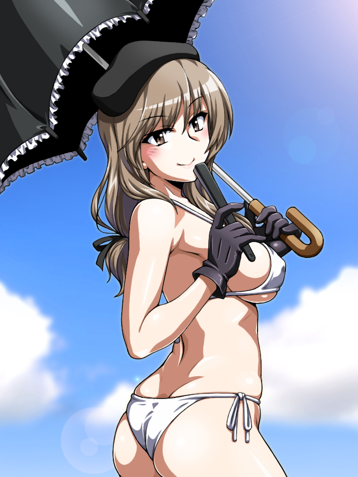 1girl armpit_peek ass bikini black_gloves black_headwear blonde_hair blush breasts butt_crack closed_mouth covered_nipples girls_und_panzer gloves hair_ribbon hat large_breasts long_hair looking_at_viewer oosaka_kanagawa outdoors parasol ribbon shimada_chiyo shiny shiny_hair shiny_skin shochuumimai side-tie_bikini sideboob sky smile solo swimsuit umbrella white_bikini