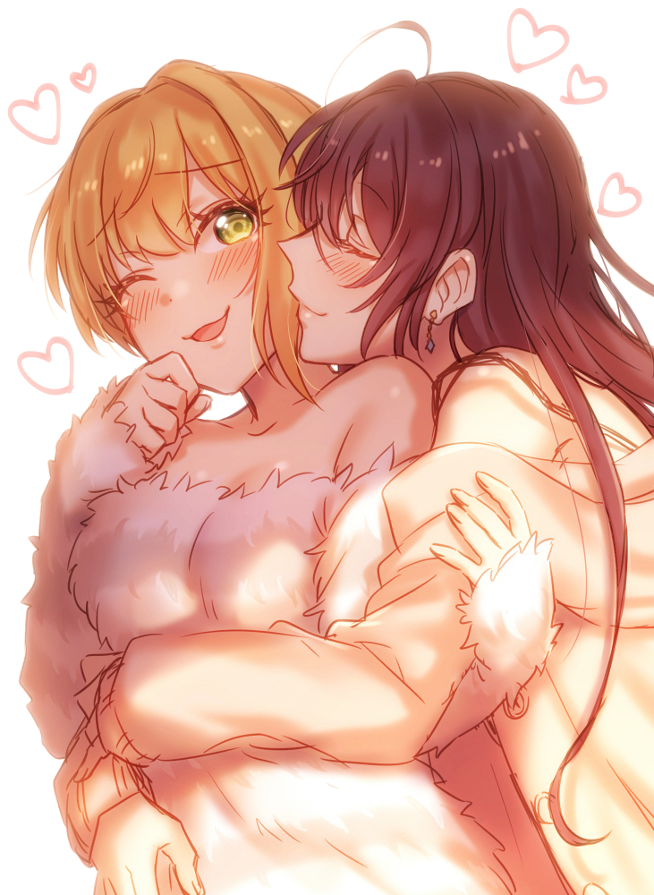 2girls ahoge bangs bare_shoulders blonde_hair blush brown_hair closed_eyes earrings facing_another fur_sweater green_eyes heart hug ichinose_shiki idolmaster idolmaster_cinderella_girls jewelry long_hair long_sleeves mika_(1020mk) miyamoto_frederica multiple_girls off-shoulder_sweater off_shoulder one_eye_closed open_mouth sleeves_past_wrists smile sweater upper_body white_background yuri