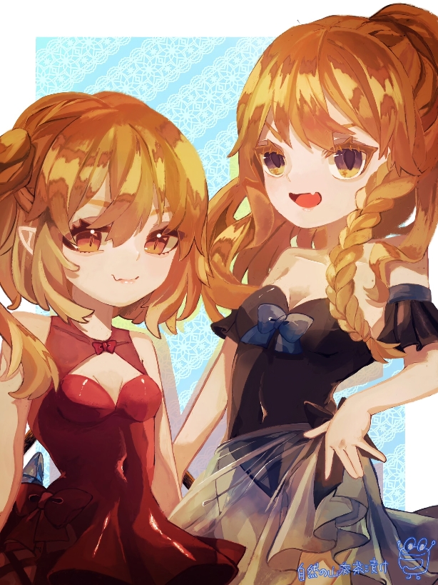 2girls alternate_costume alternate_hairstyle bare_shoulders black_swimsuit blonde_hair blue_background braid breasts closed_mouth collarbone commentary_request fang flandre_scarlet hair_between_eyes impossible_clothes kirisame_marisa long_hair looking_at_viewer medium_hair multiple_girls navel no_hat no_headwear open_mouth orange_eyes pointy_ears red_swimsuit shiny shiny_hair shizen_no_wasabi_chadzuke simple_background single_braid skin_fang small_breasts smile swimsuit touhou yellow_eyes