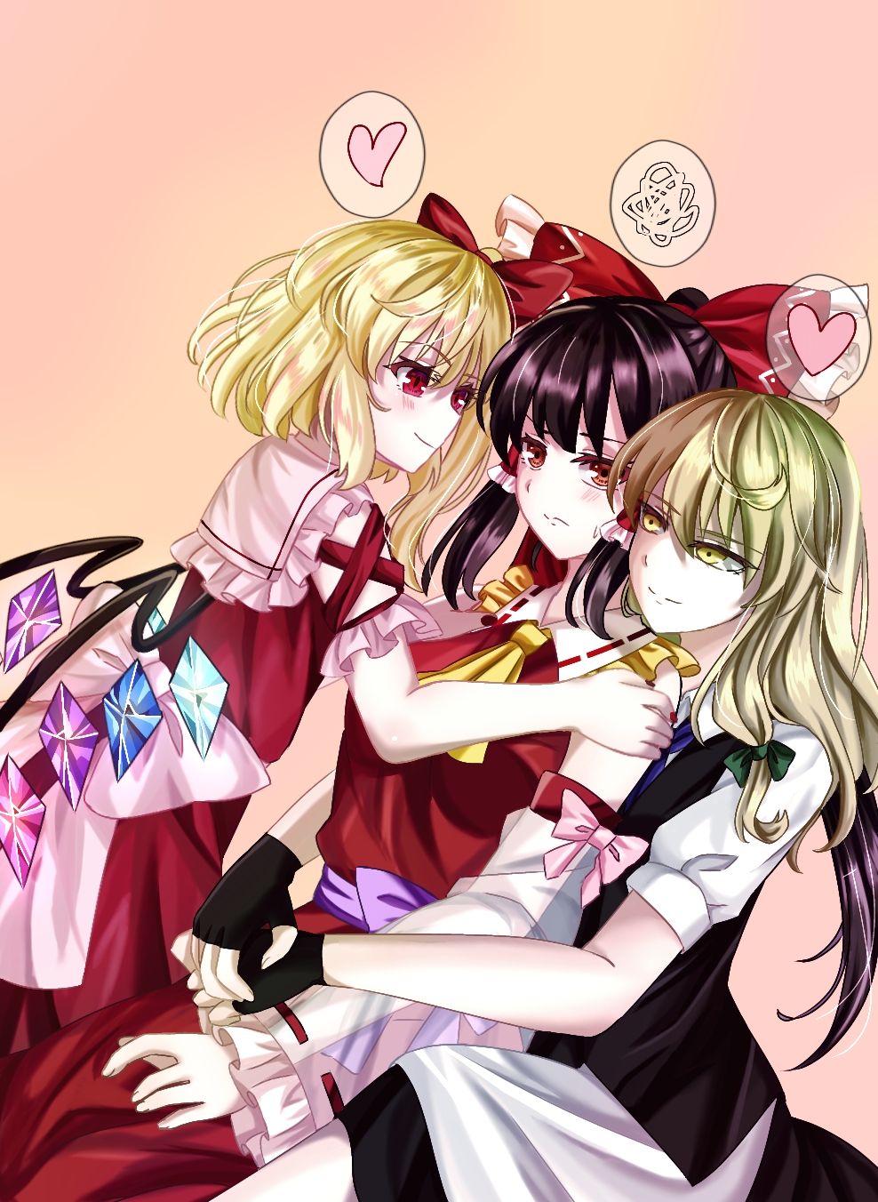 3girls ascot back_bow black_gloves black_skirt black_vest blonde_hair bow brown_eyes brown_hair closed_mouth commentary_request detached_sleeves dress fingerless_gloves flandre_scarlet frilled_bow frilled_hair_tubes frilled_sleeves frills frown girl_sandwich gloves hair_between_eyes hair_bow hair_tubes hakurei_reimu hand_on_another's_shoulder heart highres kirisame_marisa medium_hair mito_(fate) multicolored_wings multiple_girls no_hat no_headwear puffy_short_sleeves puffy_sleeves red_bow red_dress red_eyes red_shirt ribbon-trimmed_sleeves ribbon_trim sandwiched shirt short_sleeves simple_background skirt sleeveless sleeveless_shirt smile touhou vest white_bow white_shirt wings yellow_ascot yellow_eyes