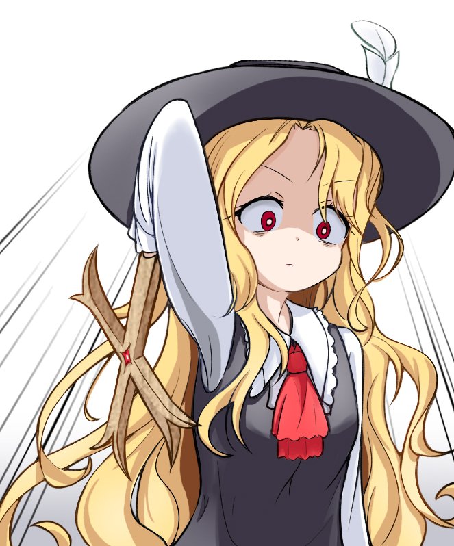 1girl ascot black_headwear black_vest blonde_hair breasts closed_mouth collared_shirt cross fedora frilled_shirt_collar frills hat hat_feather holding holding_cross jacket_girl_(dipp) long_hair long_sleeves red_ascot red_eyes shirt simple_background small_breasts solo subterranorm touhou upper_body v-shaped_eyebrows very_long_hair vest wavy_hair white_background white_shirt