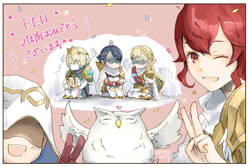 1boy 1other 3girls alfonse_(fire_emblem) anna_(fire_emblem) armor bird blonde_hair blue_hair braid brother_and_sister brown_gloves cape crown crown_braid eyes_closed feh_(fire_emblem_heroes) fire_emblem fire_emblem_heroes fjorm_(fire_emblem_heroes) gloves hood hood_up knees_up long_hair multiple_girls nintendo one_eye_closed open_mouth owl red_eyes red_hair robaco sharena short_hair siblings sitting summoner_(fire_emblem_heroes) twitter_username v