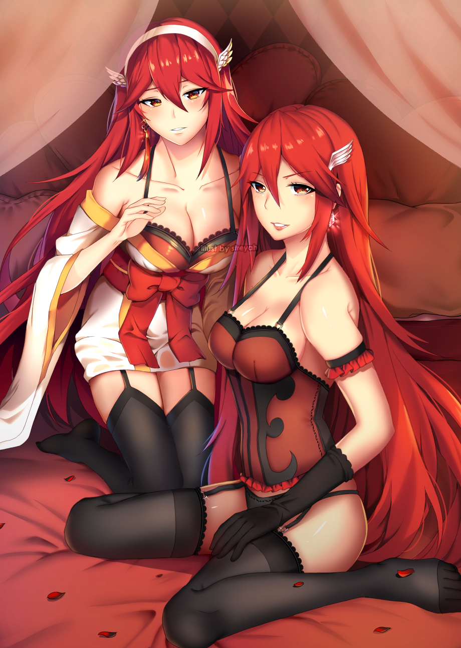 2girls arm_strap artist_name bed black_gloves black_legwear black_panties bow breasts cleavage collarbone curtains earrings fire_emblem fire_emblem:_kakusei fire_emblem_if full_body garter_straps gloves hair_between_eyes hairband heart heart_pillow highres japanese_clothes jewelry kimono kneeling legs_together lingerie lips looking_at_viewer matoi_(fire_emblem_if) medium_breasts multiple_girls nintendo obi off_shoulder panties petals pillow red_eyes red_hair sash short_kimono sitting smile straight_hair streya thighhighs tiamo underwear wariza wide_sleeves winged_hair_ornament