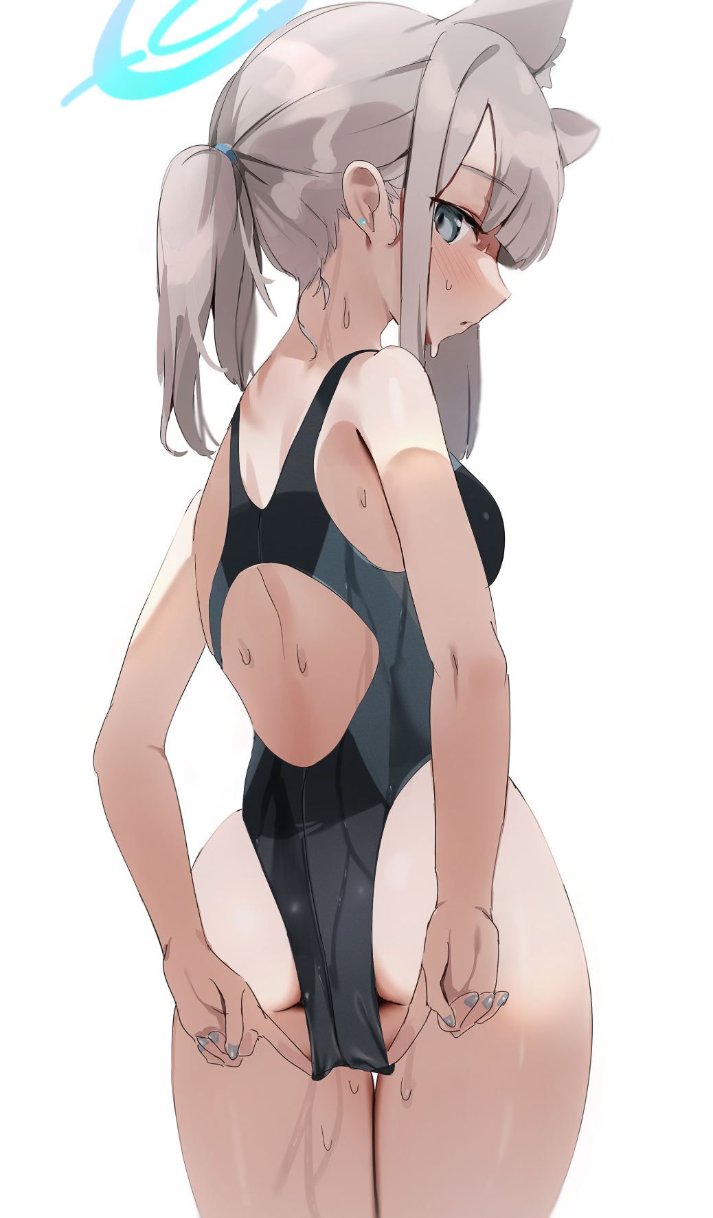 1girl adjusting_clothes adjusting_swimsuit animal_ear_fluff animal_ears ass black_swimsuit blue_archive blue_eyes blush cat_ears clothes_pull competition_swimsuit from_behind grey_hair highleg highleg_swimsuit highres long_hair looking_back nail_polish one-piece_swimsuit ponytail pulled_by_self sabashi shiroko_(blue_archive) simple_background solo swimsuit swimsuit_pull thighs wet wet_clothes wet_swimsuit white_background