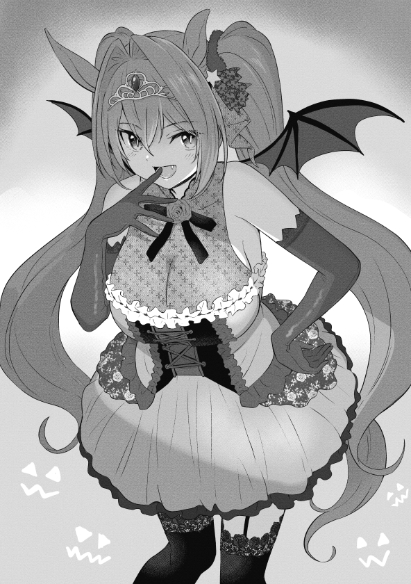 1girl animal_ears bangs bare_shoulders bat_wings breasts cleavage corset daiwa_scarlet_(umamusume) elbow_gloves fang feet_out_of_frame garter_straps gloves greyscale hair_intakes hand_up horse_ears horse_girl horse_tail large_breasts long_hair looking_at_viewer monochrome open_mouth shibasaki_shouji skirt slit_pupils smile solo tail thighhighs tiara twintails umamusume wings