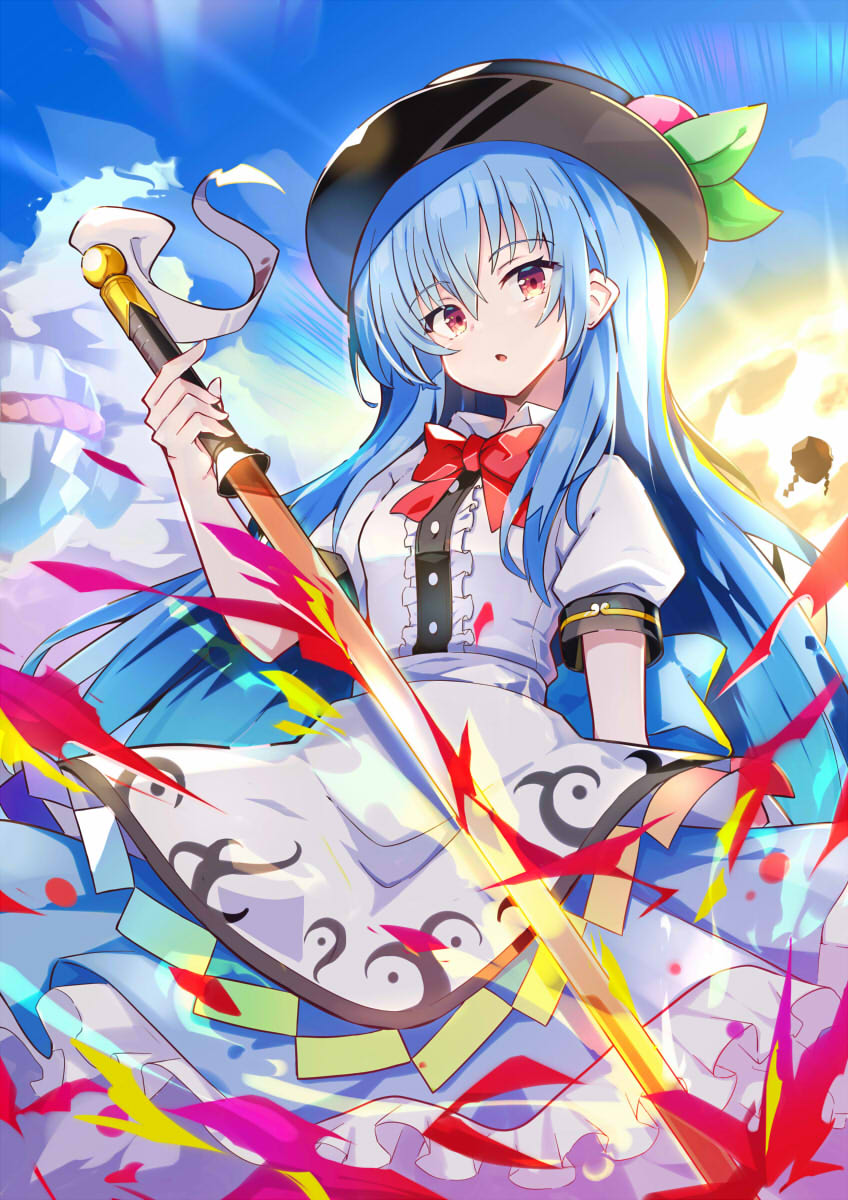 1girl back_bow bangs belt black_headwear blue_bow blue_hair blue_skirt blue_sky blush bow bowtie breasts buttons cloud cloudy_sky collared_shirt dress_shirt eyes_visible_through_hair food frills fruit hair_ornament hand_up hat hat_ornament highres hinanawi_tenshi holding holding_weapon leaf long_hair looking_at_viewer medium_breasts omochishiki open_mouth peach puffy_short_sleeves puffy_sleeves rainbow red_bow red_bowtie red_eyes rock shirt short_sleeves skirt sky solo standing sun sword touhou weapon white_belt white_shirt