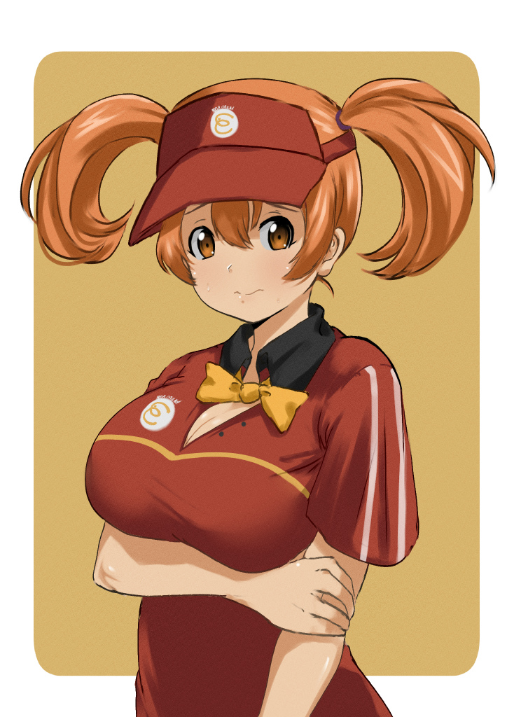 1girl arm_under_breasts bangs blush bow breasts brown_eyes cleavage closed_mouth employee_uniform fast_food_uniform hair_between_eyes hataraku_maou-sama! large_breasts looking_at_viewer orange_hair polo_shirt sasaki_chiho short_twintails solo summer_11 twintails uniform visor_cap yellow_bow