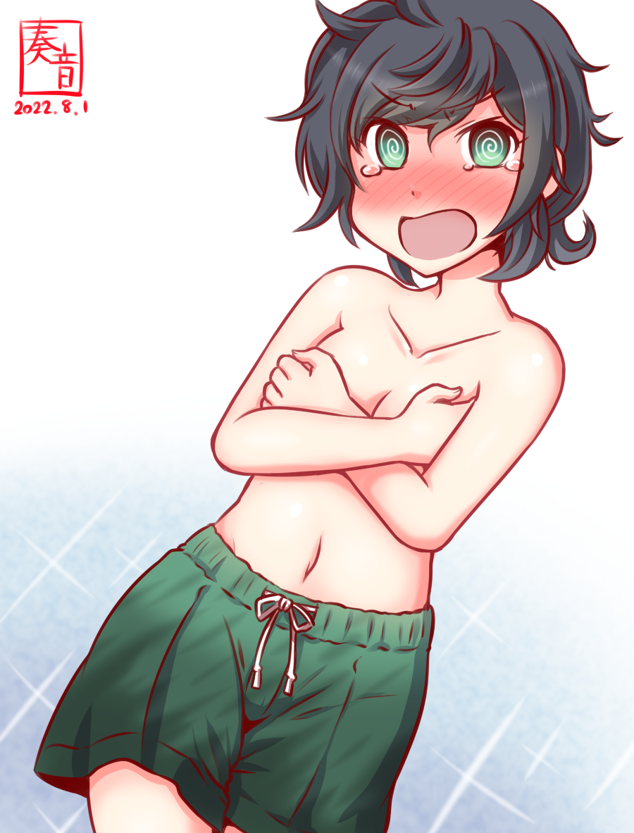 1girl @_@ ahoge bangs black_hair blush breasts covering covering_breasts cowboy_shot embarrassed gradient gradient_background green_eyes green_shorts kanon_(kurogane_knights) kantai_collection male_swimwear male_swimwear_challenge matsukaze_(kancolle) navel nose_blush one-hour_drawing_challenge open_mouth short_hair shorts small_breasts solo swept_bangs swim_trunks wavy_hair white_background