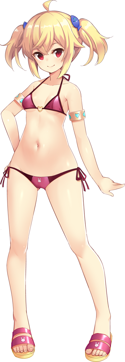 1girl ahoge armlet artwhirl_mahou_gakuen_no_otome-tachi bangs bare_legs bikini blonde_hair breasts cleavage closed_mouth collarbone fish_hair_ornament full_body gina_(artwhirl) groin hair_between_eyes hair_ornament halterneck hand_on_hip looking_at_viewer lowleg lowleg_bikini navel pink_bikini red_eyes rokushou_kokuu shiny shiny_hair side-tie_bikini sideboob small_breasts smile solo standing swimsuit transparent_background twintails underboob