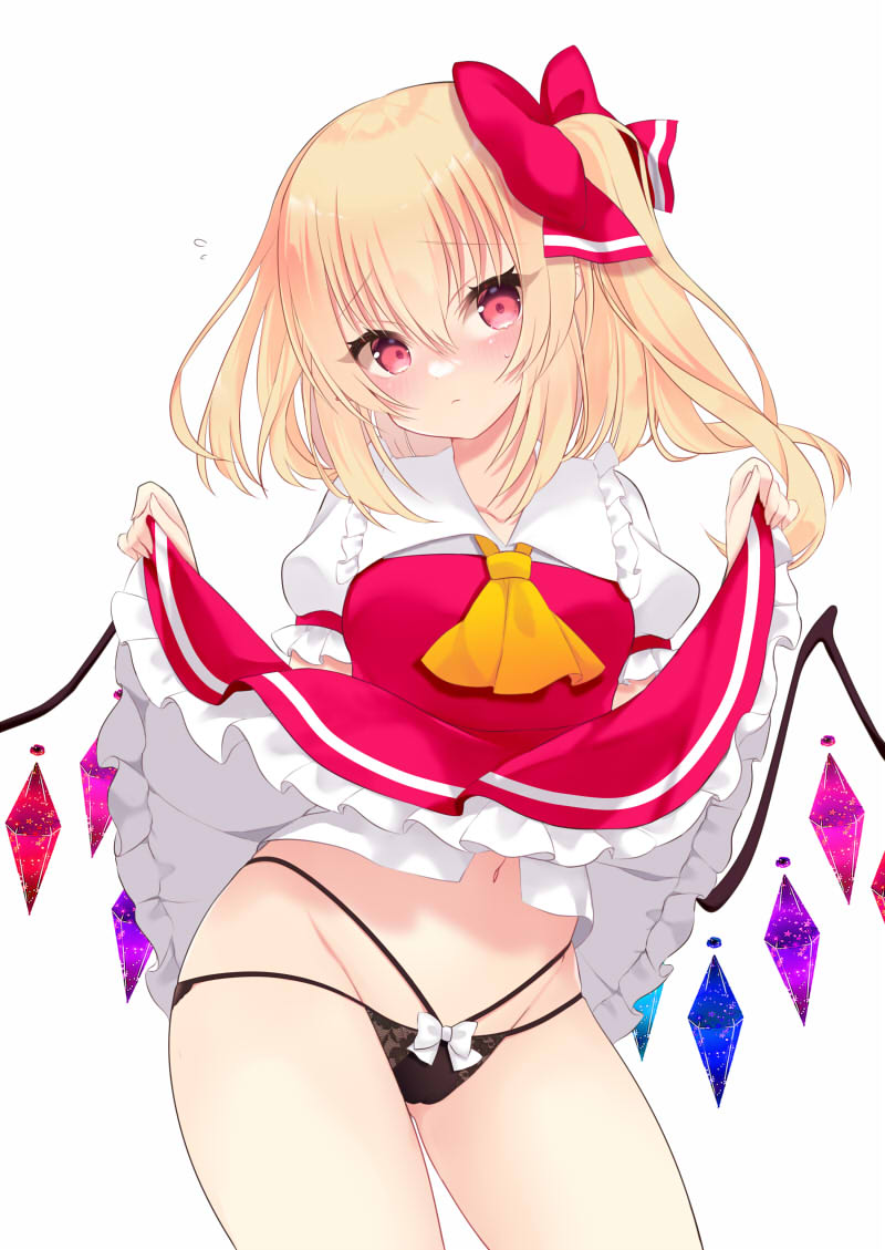 1girl ass black_panties blonde_hair blush clothes_lift crystal_wings flandre_scarlet long_hair looking_at_viewer panties red_eyes red_skirt ribbon skirt skirt_lift thighs tosakaoil touhou underwear vampire wings