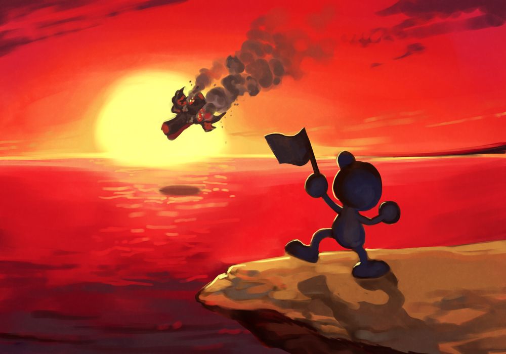 black_skin cliff colored_skin flag full_body game_&amp;_watch holding holding_flag horizon hungry_clicker kirby_(series) kirby_super_star mr._game_&amp;_watch nintendo ocean outdoors parody red_sky sky solo standing standing_on_one_leg sun sunset