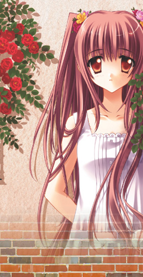 1girl airi_(quilt) arms_behind_back brick_wall buttons carnelian collarbone dress expressionless flower hair_flower hair_ornament lace_trim leaf long_hair looking_at_viewer orange_eyes parted_lips quilt_(game) red_hair rose sleeveless sleeveless_dress solo twintails upper_body white_dress