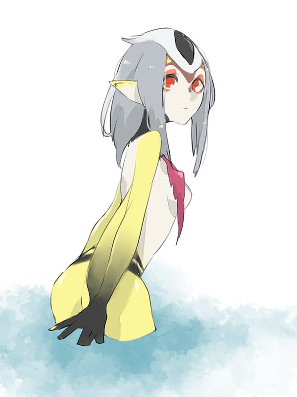 1girl ass blue_submarine_no_6 breasts closed_mouth colored_skin facial_mark long_hair looking_at_viewer monster_girl multicolored_skin mutio pointy_ears simple_background solo white_background yellow_skin