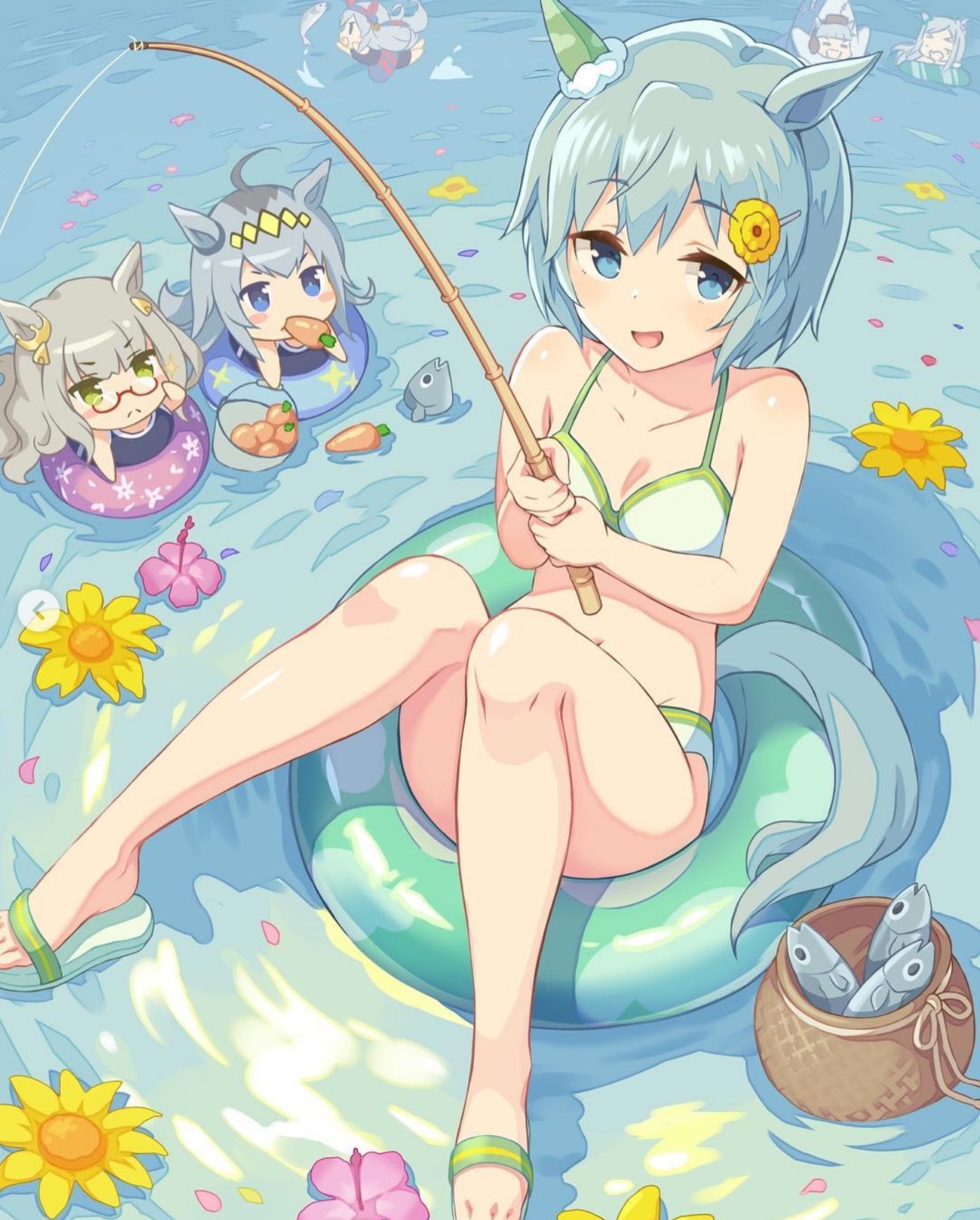 6+girls :d =_= ahoge airborne animal_ears arms_up artist_request bangs basket bikini blue_background blue_eyes blue_swimsuit blunt_bangs blush blush_stickers breasts brown_ribbon carrot character_request chibi chibi_inset cleavage collarbone commentary_request ear_ornament facing_viewer fish fishing fishing_rod flower food_in_mouth full_body glasses green_eyes green_trim grey_hair grey_tail hair_ornament hairclip highres holding holding_fishing_rod horse_ears horse_tail innertube knees_together_feet_apart knees_up long_hair looking_at_another looking_at_viewer medium_hair multiple_girls navel one-piece_swimsuit open_mouth outdoors petals pink_flower raised_eyebrows ribbon sandals short_eyebrows sitting small_breasts smile solo_focus split_mouth stuffed_animal stuffed_shark stuffed_toy swimsuit tail third-party_source tongue umamusume v-shaped_eyebrows water white_bikini white_trim yellow_flower