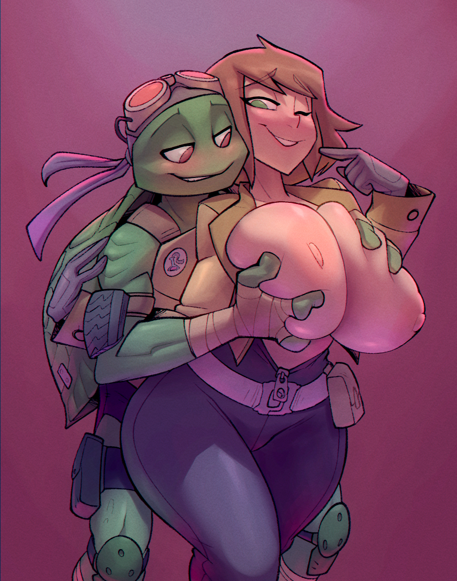 anthro april_o'neil big_breasts bigdad blush breasts clothing donatello_(tmnt) duo eyewear eyewear_on_head female gloves goggles goggles_on_head groping_breast hand_wraps handwear huge_breasts human male male/female mammal nipples one_eye_closed reptile scalie teenage_mutant_ninja_turtles thick_thighs turtle unzipped unzipped_bodysuit wraps