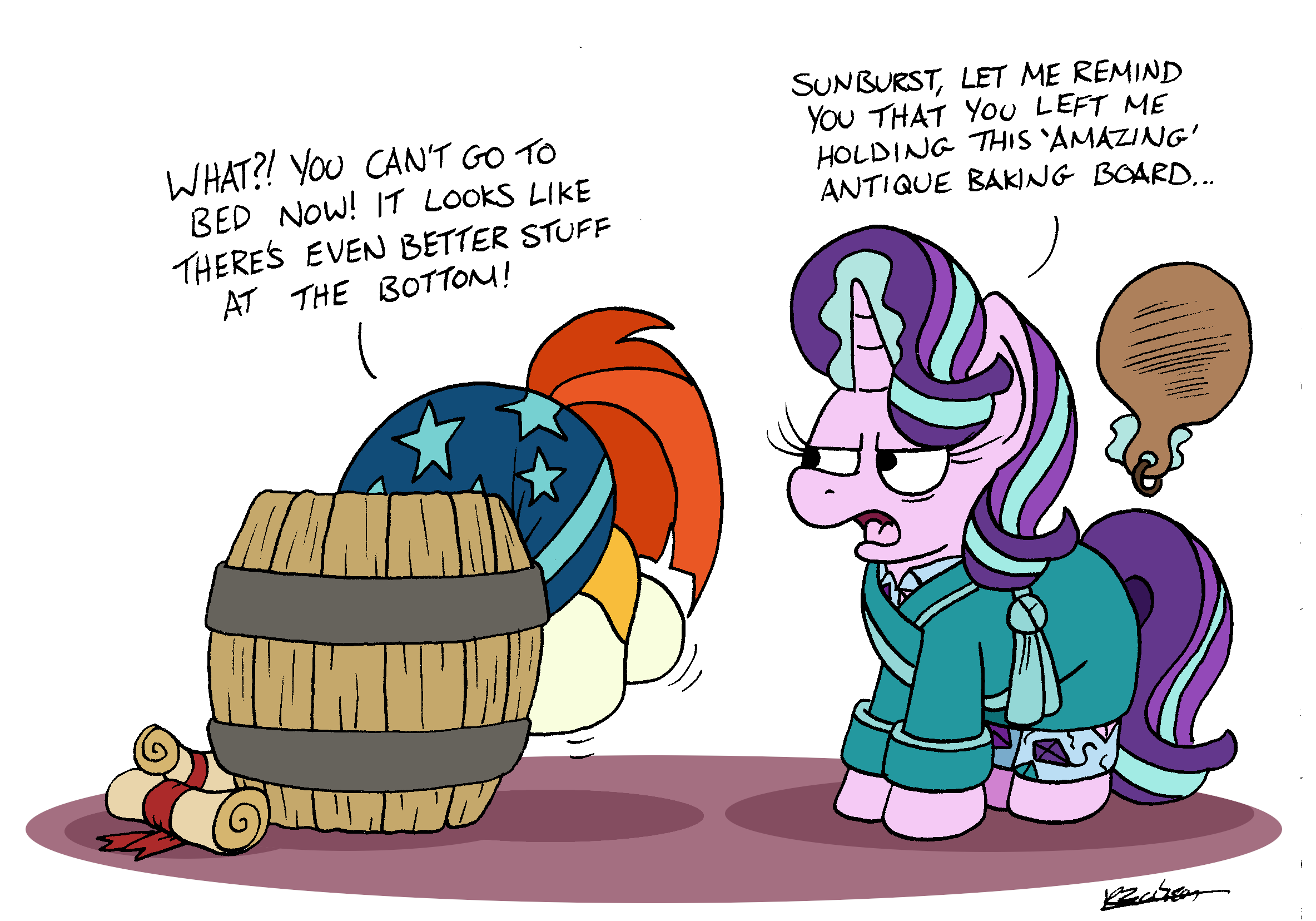 barrel bathrobe bobthedalek clothing dialogue english_text equid equine female friendship_is_magic hi_res horn leg_markings male mammal markings my_little_pony pajamas robe scroll socks_(marking) starlight_glimmer_(mlp) sunburst_(mlp) text unicorn