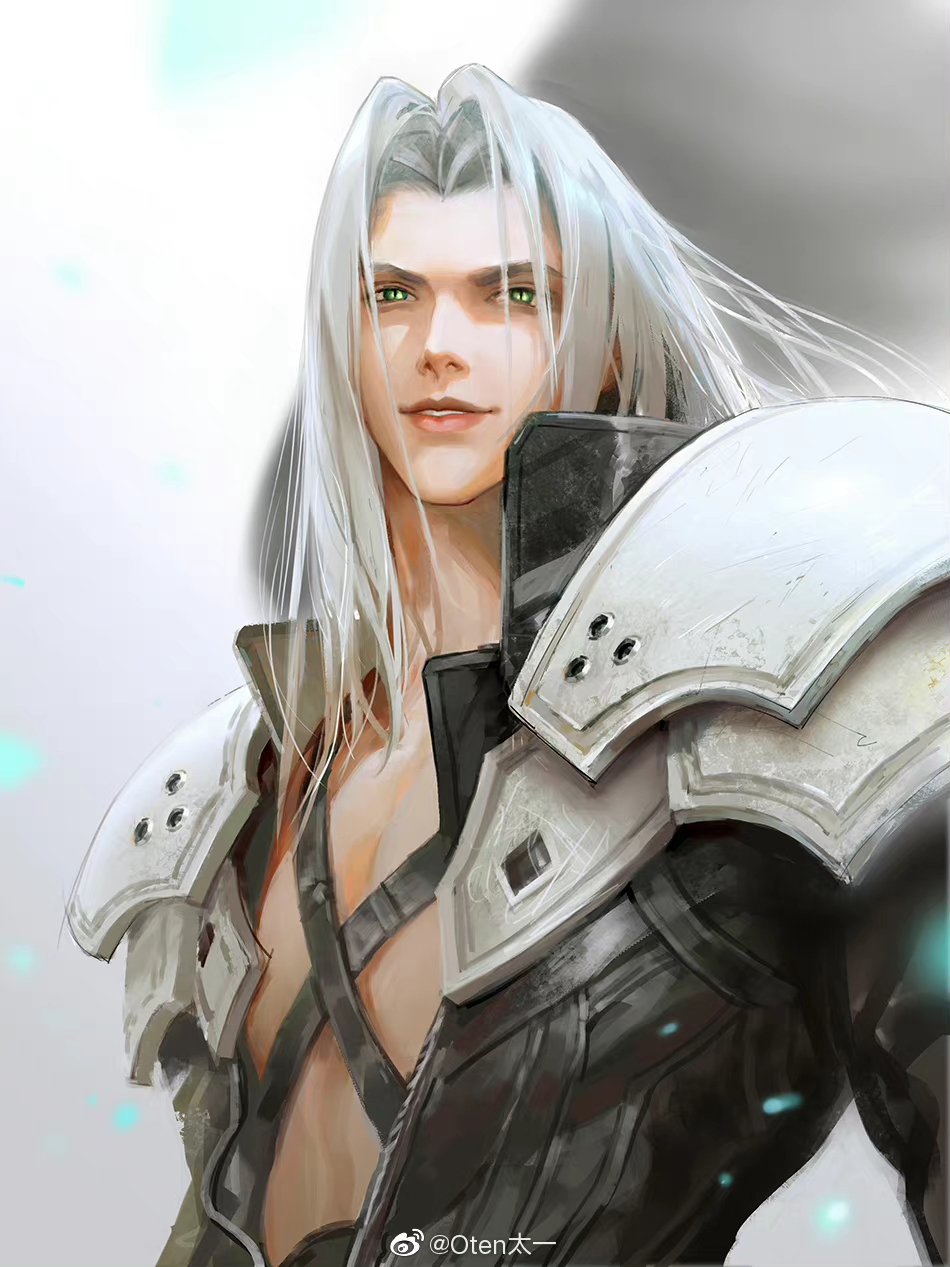 1boy armor bangs belt black_jacket chest_strap final_fantasy final_fantasy_vii final_fantasy_vii_remake green_eyes grey_hair high_collar highres jacket long_bangs long_hair looking_at_viewer male_focus open_clothes open_collar open_jacket oten parted_bangs parted_lips sephiroth shoulder_armor solo upper_body
