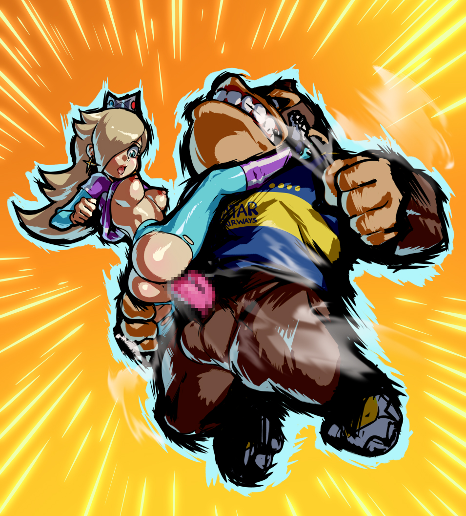 5_fingers anthro ape areola blonde_hair blue_eyes breasts brown_body brown_fur butt censored clothing crown donkey_kong_(character) donkey_kong_(series) duo ear_piercing female female_penetrated fingers fur genitals hair haplorhine human human_on_anthro interspecies jcm2_(artist) kicking_another long_hair male male/female male_penetrating male_penetrating_female mammal mario_bros mario_strikers_battle_league mosaic_censorship nintendo nipples open_mouth penetration penile penile_penetration penis penis_in_pussy piercing primate rosalina_(mario) sex shirt_up simple_background super_mario_galaxy teeth torn_clothing vaginal vaginal_penetration video_games