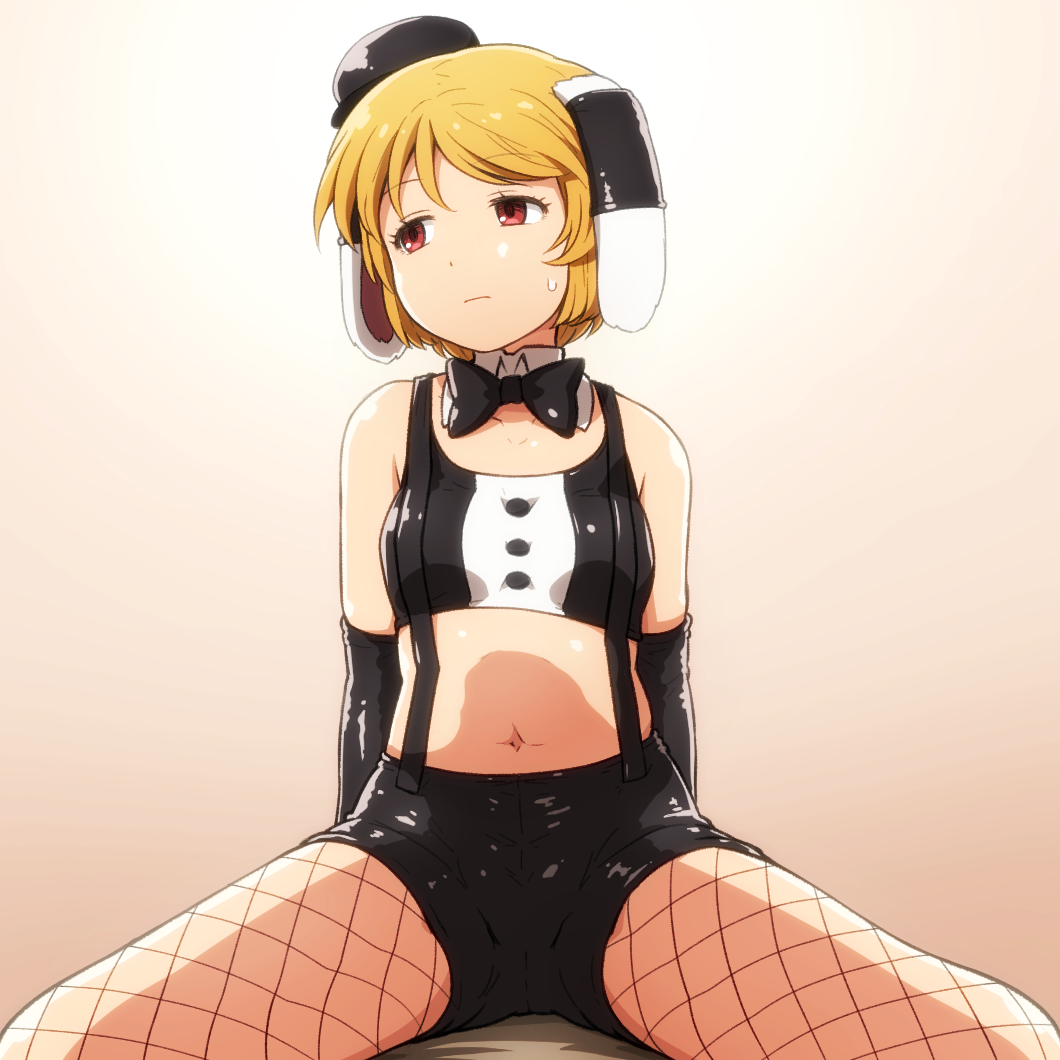 1girl bangs bare_shoulders black_bow black_bowtie black_gloves black_headwear blonde_hair bow bowtie breasts brown_background bunny_day closed_mouth collar commentary_request crop_top detached_collar elbow_gloves fishnets gloves hat looking_away looking_to_the_side midriff mini_hat navel panties_day pantyhose red_eyes ringo_(touhou) shirosato small_breasts solo spread_legs sweat tilted_headwear touhou white_collar wing_collar