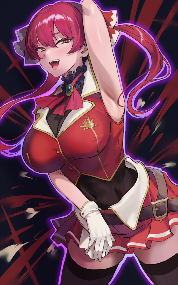 1girl arm_behind_head arm_up armpits ascot banned_artist belt breasts brown_belt covered_navel fangs floating_hair gloves heterochromia hololive houshou_marine jagaimo_(kkamja) large_breasts long_hair looking_at_viewer miniskirt open_mouth pleated_skirt red_eyes red_hair red_skirt skirt solo teeth thighhighs thighs twintails upper_teeth virtual_youtuber white_gloves yellow_eyes zettai_ryouiki