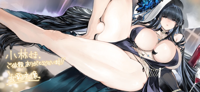 1girl absurdly_long_hair alcohol artist_name ash_arms bangs black_dress black_eyes black_hair black_panties blunt_bangs bottle breasts chain choker collarbone commission covered_nipples cup dress drinking_glass hat houden_eizou huge_breasts instrument jewelry knee_up light_particles long_hair looking_to_the_side lying me_262 me_262a_schwalbe_(ash_arms) navel no_bra official_alternate_costume on_back panties parted_lips piano revealing_clothes side-tie_panties signature skeb_commission solo underwear very_long_hair wine_bottle wine_glass