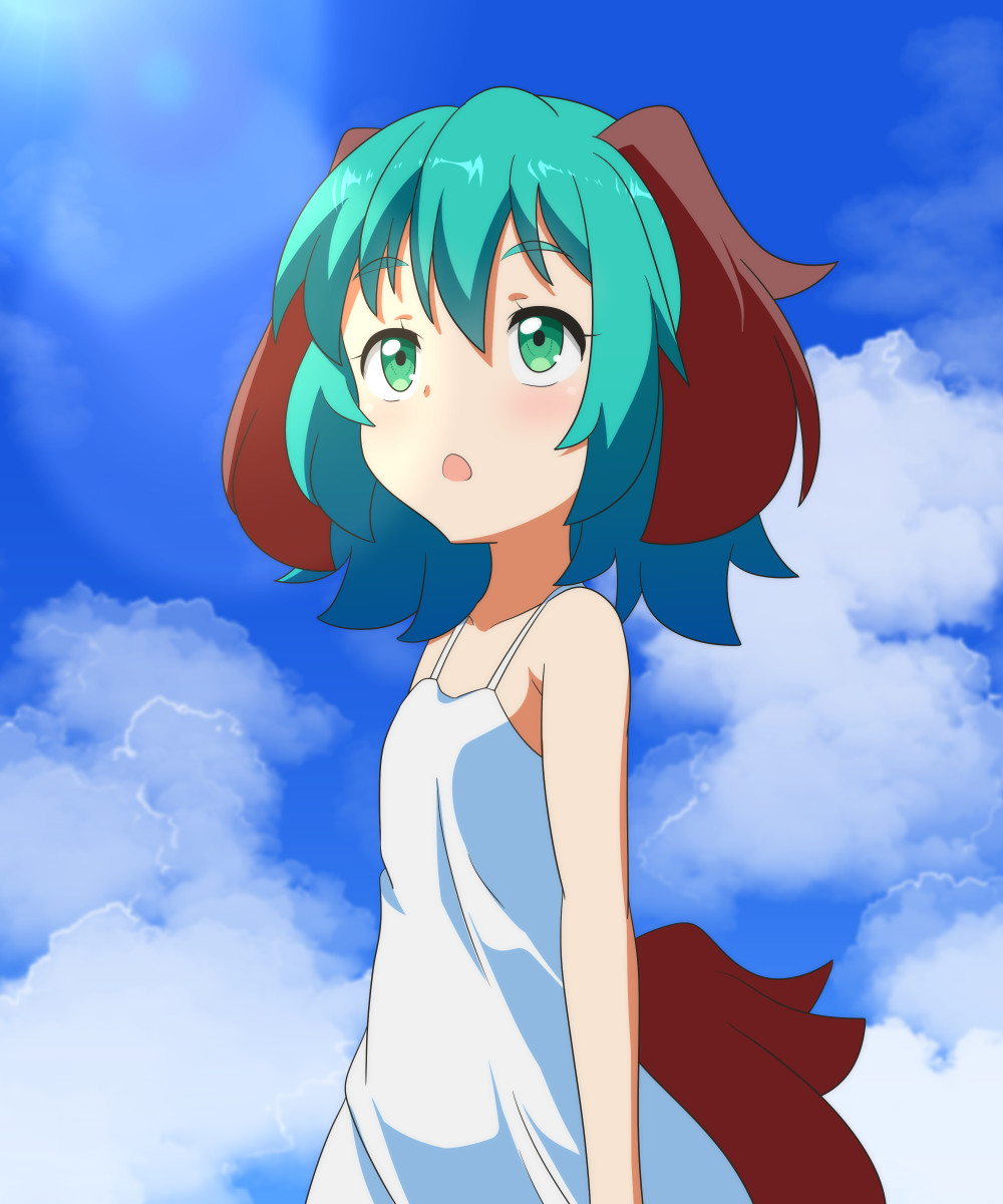 1girl alternate_costume animal_ears blush camisole cato_(monocatienus) cloud cloudy_sky day dog_ears dog_tail green_eyes green_hair hair_between_eyes highres kasodani_kyouko open_mouth short_hair sky solo spaghetti_strap tail touhou upper_body white_camisole