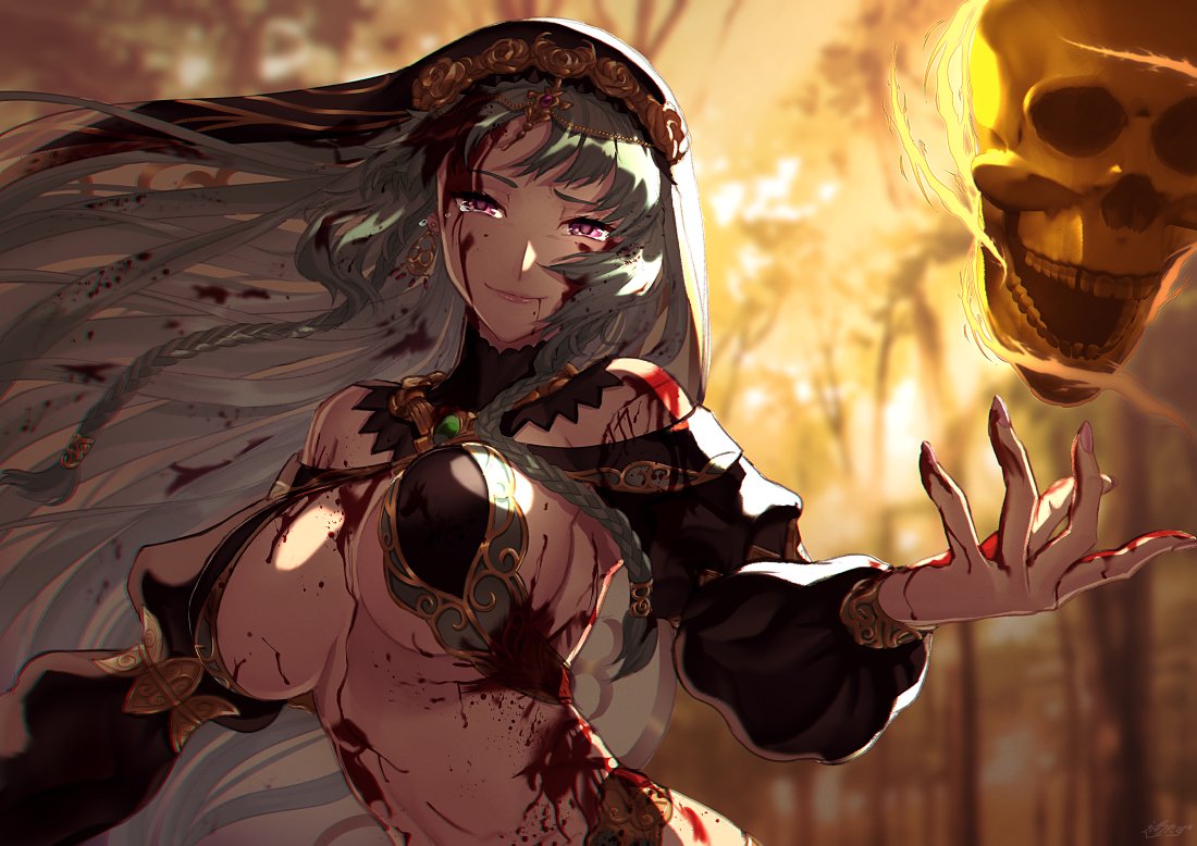 1girl ayamatazu backlighting bangs bare_shoulders blood blood_on_face blood_on_hands blood_splatter braid breasts breasts_apart closed_mouth commentary fate/grand_order fate_(series) forehead forest gold_trim grey_hair hair_ornament half-closed_eyes jewelry large_breasts long_hair nature necklace off_shoulder outdoors pink_eyes puffy_sleeves revealing_clothes salome_(fate) shaded_face skull smile solo upper_body very_long_hair
