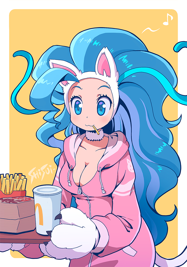2021 animal_humanoid beverage blue_eyes blue_hair breasts capcom claws cleavage clothed clothing container cup darkstalkers felicia_(darkstalkers) felid felid_humanoid feline feline_humanoid female food fries fur hair humanoid light_body light_skin long_hair mammal mammal_humanoid mcdonald's musical_note shisui signature simple_background solo video_games white_body white_fur