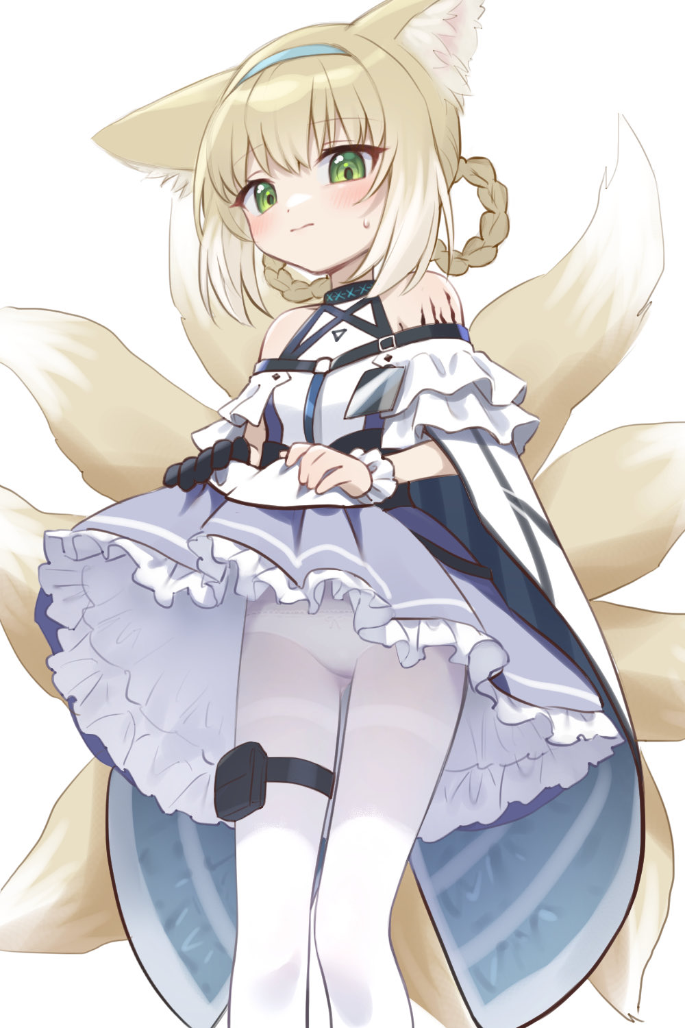 1girl animal_ears arknights bare_shoulders black_gloves blonde_hair blue_dress blush clothes_lift clothing_cutout dress dress_lift feet_out_of_frame fox_ears fox_girl fox_tail gloves green_eyes highres lifted_by_self long_hair looking_at_viewer multicolored_hair oemmnn oripathy_lesion_(arknights) panties panties_day panties_under_pantyhose pantyhose shoulder_cutout single_glove single_wrist_cuff solo streaked_hair suzuran_(arknights) tail thigh_strap two-tone_dress underwear white_dress white_hair white_panties white_pantyhose white_wrist_cuffs wrist_cuffs