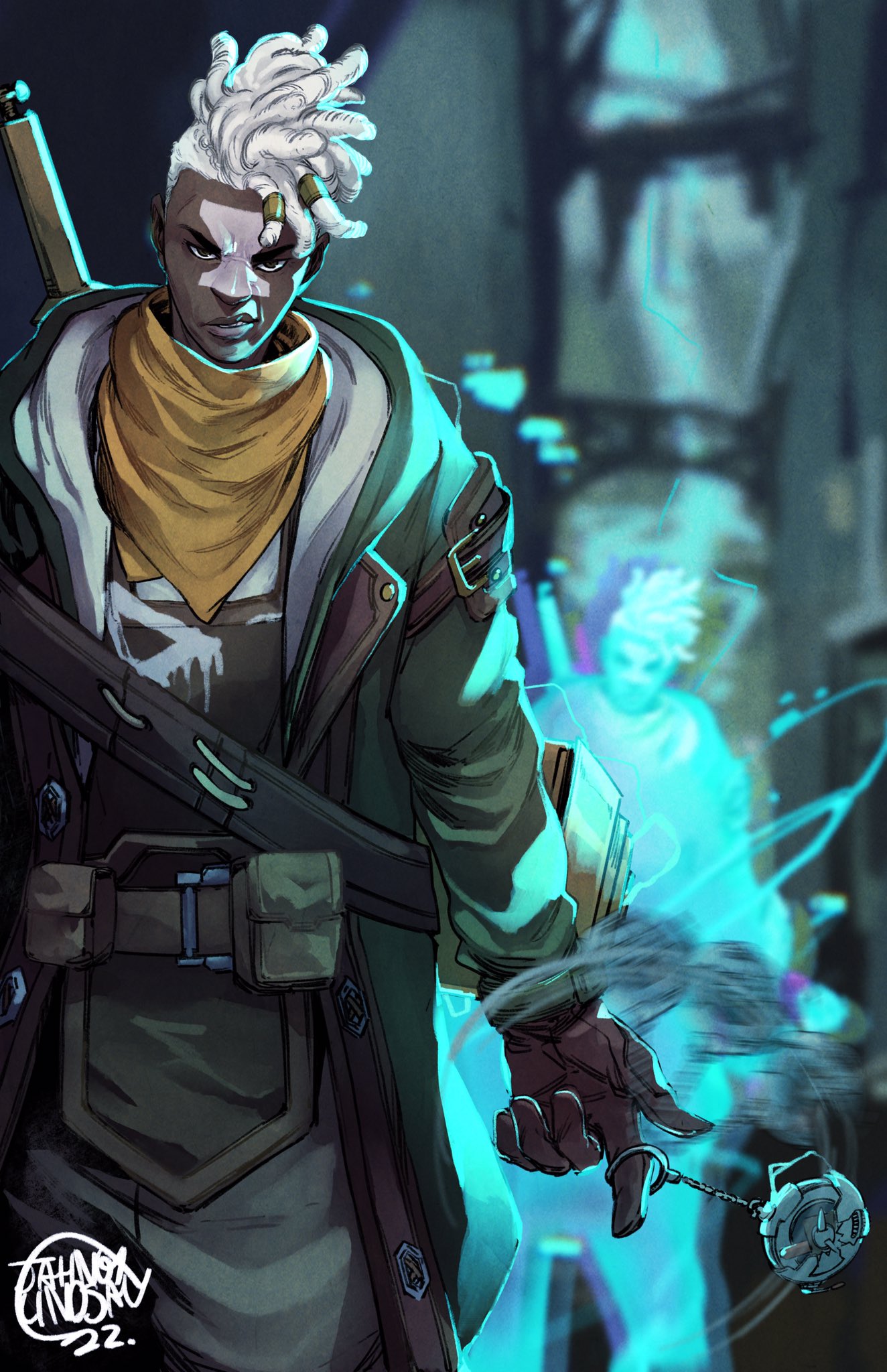 1boy afterimage arcane:_league_of_legends brown_gloves coat dark-skinned_male dark_skin dreadlocks ekko_(league_of_legends) english_commentary facial_tattoo firelight_ekko gloves green_coat highres jahnoy_lindsay league_of_legends long_coat looking_at_viewer male_focus mohawk neckerchief open_clothes open_coat pocket_watch sneer solo standing tattoo undercut very_dark_skin watch weapon weapon_on_back white_hair