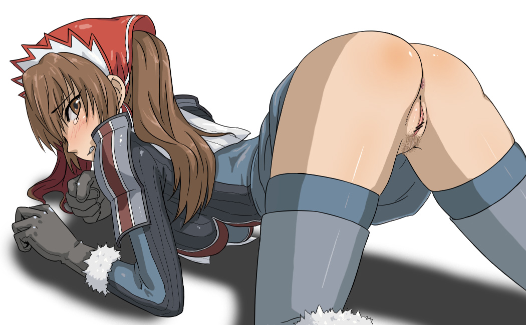alicia_melchiott all_fours anus ass bent_over blush brown_eyes brown_hair censored clenched_teeth gloves headdress hou_(hachiyou) long_hair looking_back military military_uniform no_panties pointless_censoring pubic_hair pussy senjou_no_valkyria senjou_no_valkyria_1 solo tears teeth thighhighs top-down_bottom-up twintails uniform